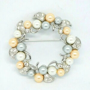 Gray Silver Beige Faux Pearl Clear Rhinestone
